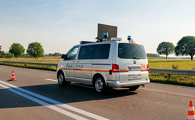 ASFINAG-Einsatzfahrzeug auf einer österreichischen Autobahn, unterwegs für die Verkehrssicherheit.