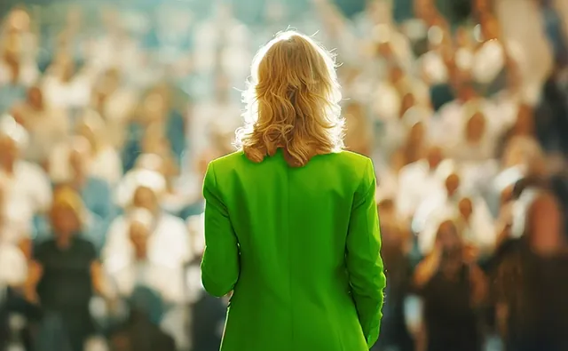 Eine Frau mit blonden, schulterlangen Haaren steht von hinten fotografiert in einem leuchtend grünen Blazer vor einem grossen Publikum, während sie einen Vortrag hält.